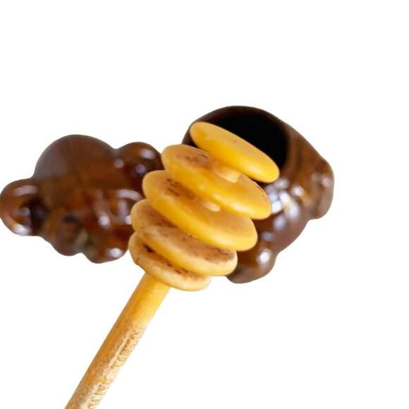 Vintage Houston Foods 1982 Honey Pot Solid Brown Bear With Original Dipper - Picture 8 of 11